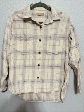 Everlane Cream Plaid Shirt shacket with Mauve, Gold & Navy Checks